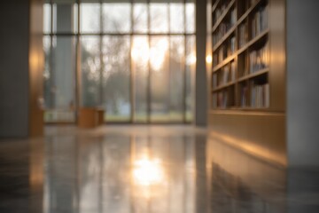Blurry library interior, sunlight through large windows