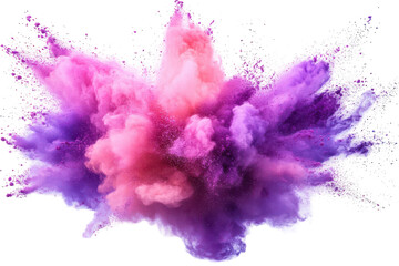 Explosion of pink and purple powder isolated on transparent background. Pink purple neon color powder explosion isolated on white background.