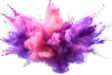 Explosion of pink and purple powder isolated on transparent background. Pink purple neon color powder explosion isolated on white background.