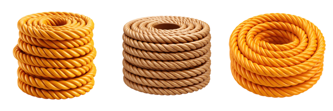 Three 3D Plastic Style Rope Coils In Golden And Brown Colors Against Transparent Background