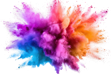 Vibrant pink and purple powder explosion isolated on transparent background. Pink purple neon color powder explosion isolated on white background.