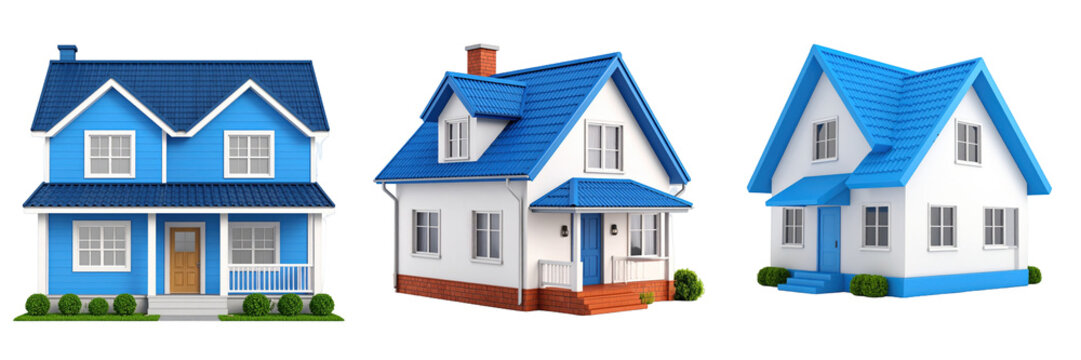 Three 3D Plastic Style Semi-Detached Houses with Blue Roofs and White Exterior Facades Set Against Transparent Background