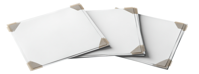 Three blank, white sheets of paper, layered, with light beige corner accents