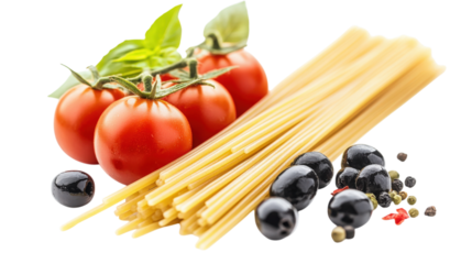Spaghetti with Tomatoes and Olives Still Life isolated on a Transparent or white Background