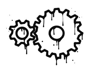 Spray painted graffiti of moving gears wheels in black over white. gear icon drip symbol. isolated on white background. vector illustration