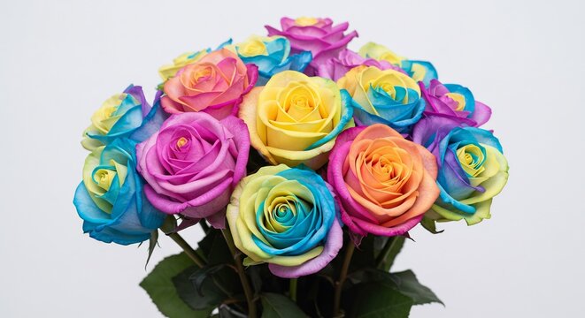 Vibrant rainbow roses bloom brightly under soft studio lighting. AI Generated