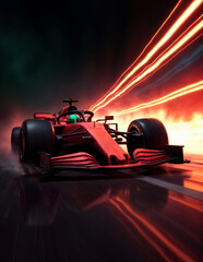 Naklejka premium orange formula 1 racing car on track with lights and smoke in background, front view