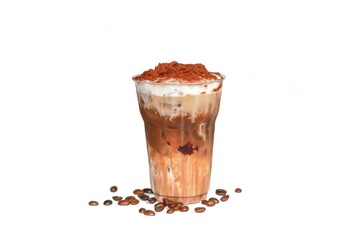 Pictures of latte ice coffee and coffee beans spread and serving on white background and isolate concept.