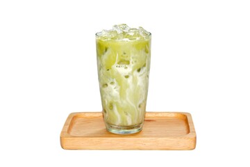 Ice matcha green tea latte serving on wooden plate on white background, looking delicious.