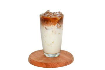 Delicious and good taste with Latte ice coffee serving wooden plates on white background and isolate concept.