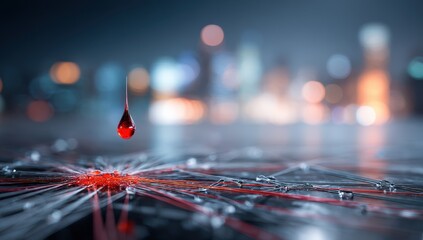 Red drop on network, city lights blur