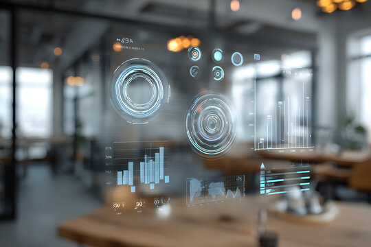 Modern Business Analytics: Futuristic HUD Overlay on Glass Table in Modern Office
