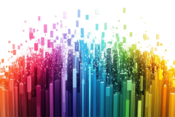 Colorful abstract explosion of rectangles isolated on transparent background. Rainbow colored digital pixel art modern design isolated on white background.