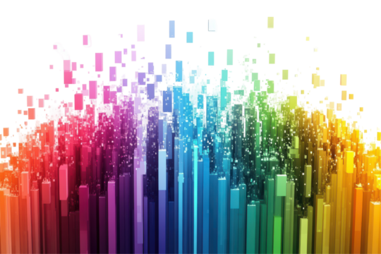 Colorful abstract explosion of rectangles isolated on transparent background. Rainbow colored digital pixel art modern design isolated on white background.