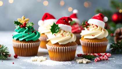Sweet and festive Christmas cupcakes decorated with holly, red ribbon, and Christmas trees