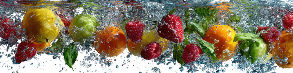 Colorful fruits and berries in water with splashes