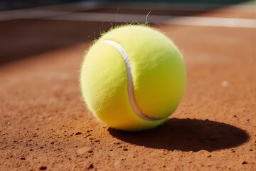 Yellow tennis ball on clay court.
