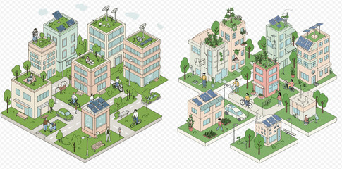 Isometric illustration of a sustainable green city featuring eco-friendly buildings with solar panels, green roofs, and active residents.