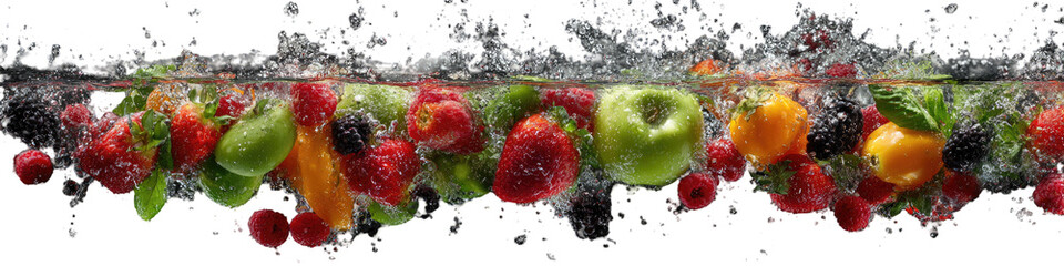 Colorful fruits and vegetables submerged in water with splashing bubbles