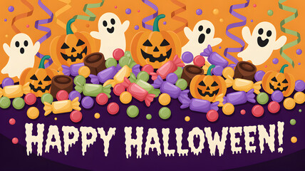 Fototapeta premium Halloween Celebration: An illustration of festive scene, where pumpkins, ghosts, and candies in a vibrant and eye-catching composition for the perfect Halloween experience!