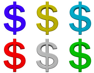 Obraz premium Six colorful dollar symbols arranged in two rows against a solid black background