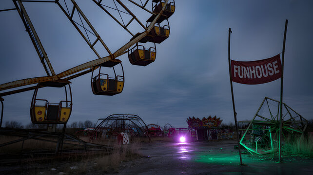 Abandoned Amusement Park: An evocative and unsettling image of an abandoned amusement park, where a rusting Ferris wheel and derelict funhouse sign stand as silent witnesses to a forgotten past.