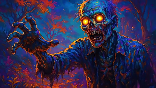 Creepy Glowing-Eyed Zombie Reaching in a Vibrant, Psychedelic Forest