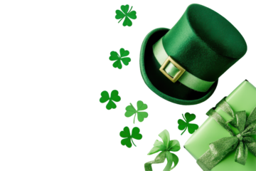 Green leprechaun hat and gift with shamrocks isolated on transparent background. Green leprechaun hat clovers green gift box and ribbon on isolated on white background.