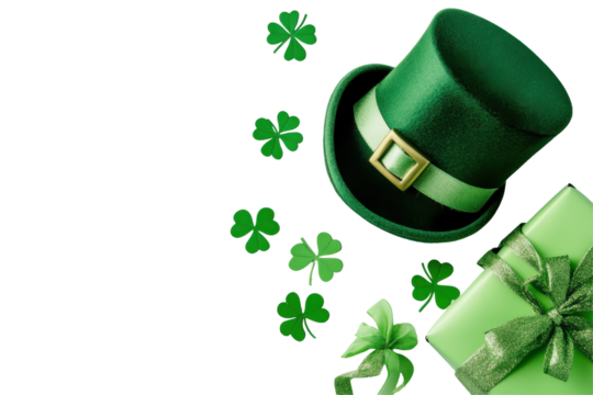 Green leprechaun hat and gift with shamrocks isolated on transparent background. Green leprechaun hat clovers green gift box and ribbon on isolated on white background.
