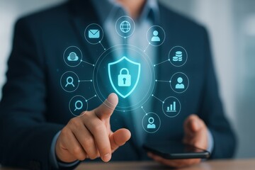 A hand interacts with a digital interface displaying a security shield and related icons, showcasing a concept of data protection.