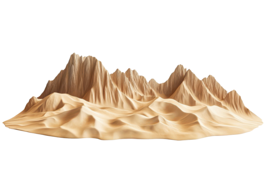 Detailed mountain range landscape isolated on transparent background. Sand dunes mountains landscape isolated on white background.