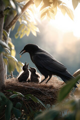 Beautiful wildlife scene featuring a blackbird mother caring for young chicks in a natural outdoor nest with sunlight and lush greenery
