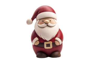 Festive santa claus figure holding a wooden staff isolated on transparent background. Santa claus wooden doll isolated on white background.