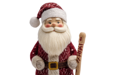 Festive santa claus figure holding a wooden staff isolated on transparent background. Santa claus wooden doll isolated on white background.