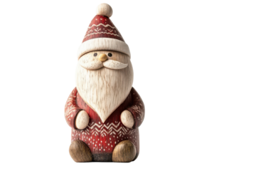 Festive santa claus figure holding a wooden staff isolated on transparent background. Santa claus wooden doll isolated on white background.