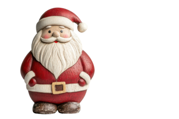 Festive santa claus figure holding a wooden staff isolated on transparent background. Santa claus wooden doll isolated on white background.