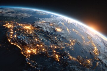 Obraz premium Earth's nocturnal landscape, showcasing city lights and mountainous terrain