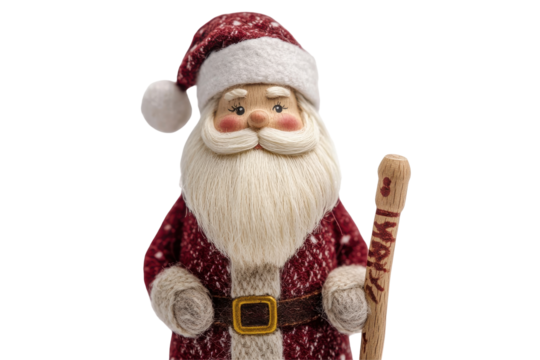 Festive santa claus figure holding a wooden staff isolated on transparent background. Santa claus wooden doll isolated on white background.