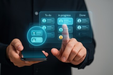 A person interacts with a holographic task management interface, showcasing 'to do', 'in progress', and 'done' categories.