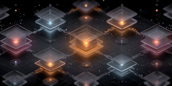 An illustration of a decentralized network with multple nodes connected throug blockchain technology. Geerative AI.