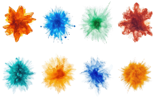 Colorful ink splashes isolated on transparent background. Collection of color powder explosion isolated on white background.