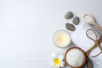 Top view of composition with spa products on white surface