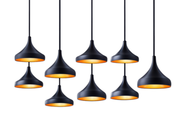 Black industrial hanging lights isolated on transparent background. Set of modern black hanging lamps isolated on white background.