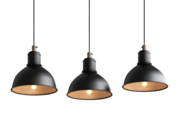 Black industrial hanging lights isolated on transparent background. Set of modern black hanging lamps isolated on white background.