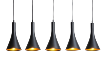 Black industrial hanging lights isolated on transparent background. Set of modern black hanging lamps isolated on white background.