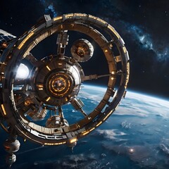 Futuristic glowing space station orbiting earth, stars in background, sci-fi style, no people,Generative Ai
