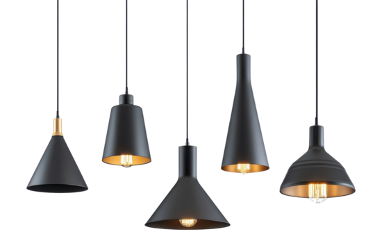 Black industrial hanging lights isolated on transparent background. Set of modern black hanging lamps isolated on white background.