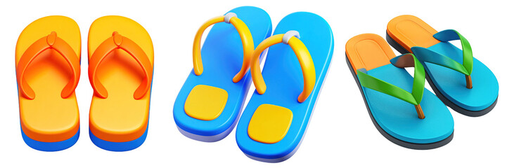 3D Plastic Style Sandals Trio In Orange Blue And Teal Colors Isolated On Transparent Background