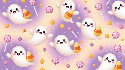Fototapeta premium Spooky Sweets: Adorable ghosts frolic among candy corn and lollipops, casting a spell of sweetness and delight on this playfully spooky scene.