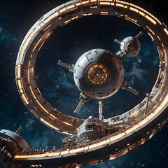 Futuristic glowing space station orbiting earth, stars in background, sci-fi style, no people,Generative Ai
